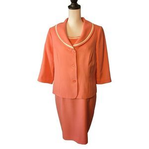 EUC Donna Morgan Jackie O Style Wms Dress Suit Coral 3/4sleeve 2Piece Sz12p T69
